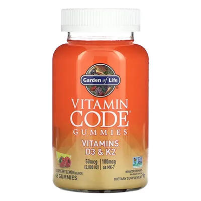 مکمل Vitamin Code Gummies، ویتامین D3 و K2، طعم تمشک و لیمو از برند Garden of Life