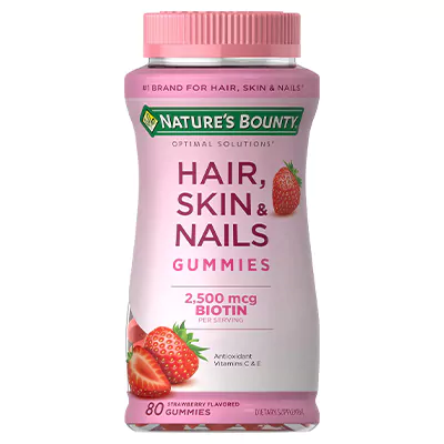 مکمل پاستیلی Optimal Solutions، Hair, Skin Nails با طعم توت فرنگی از برند Nature's Bounty